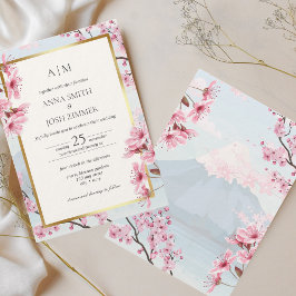 Invitación Boda de oro elegante japonés con flores de cerezo