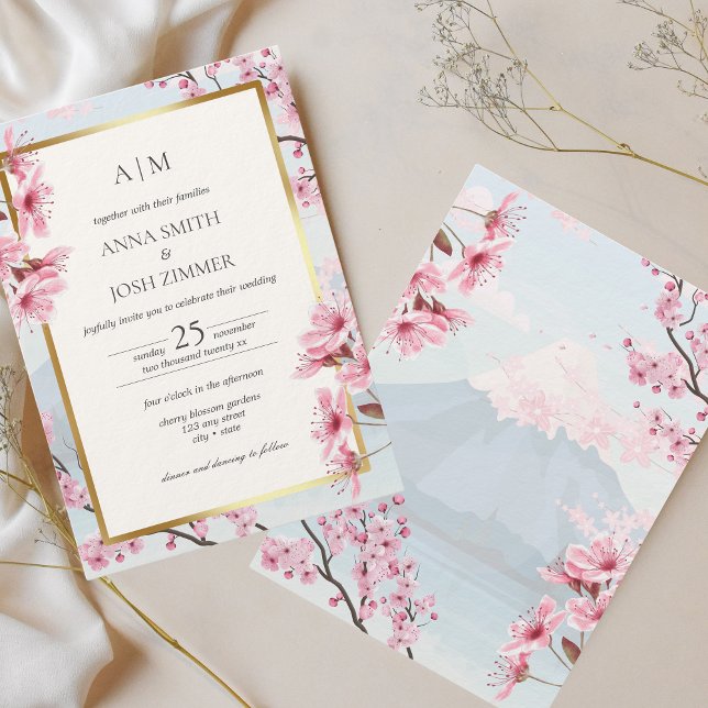 Invitación Boda de oro elegante japonés con flores de cerezo (Cherry Blossom Wedding Invitation)