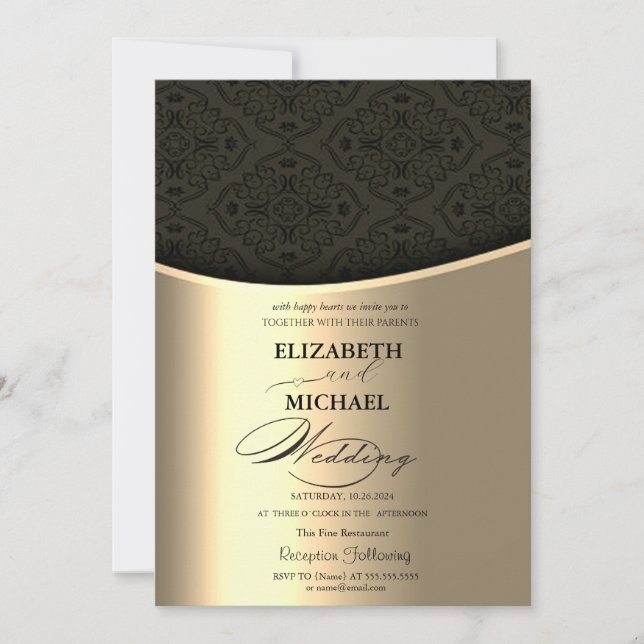 Invitación Boda de oro elegante negro Damask de lujo (Anverso)