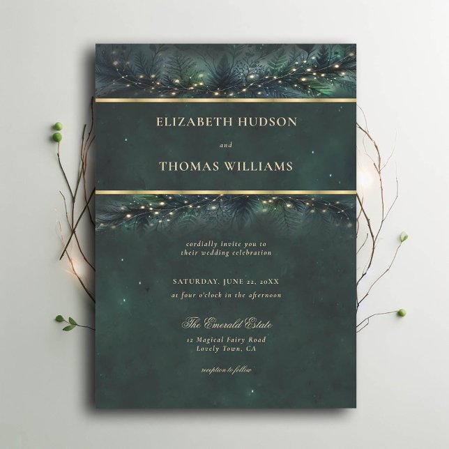 Invitación Boda de oro encantado Forest Garland Fairytale (enchanted forest wedding invitation emerald gold frame garland typography modern classic)