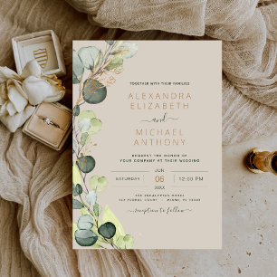 Invitación Boda de Oro Eucalyptus Greenery Taupe Beige