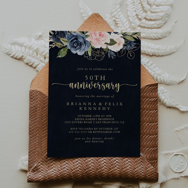 Invitación Boda de oro floral azul marino 50 aniversario de b (Subido por el creador)