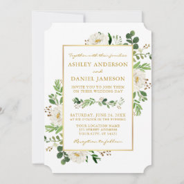 Invitación Boda de oro Floral blanca de color de agua verde