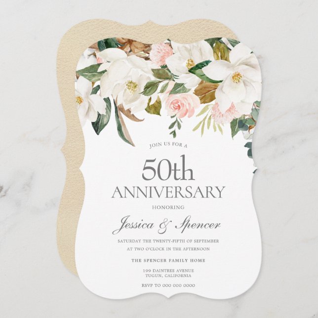 Invitación Boda de Oro Floral Blanco Rosado Moderno 50 Aniver (Anverso / Reverso)