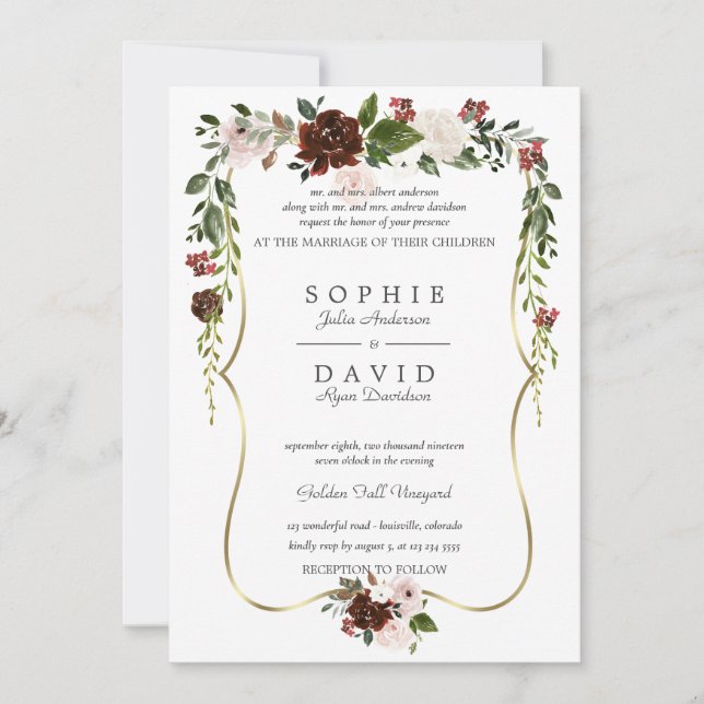 Invitación Boda de oro floral de crema borgoña única (Anverso)