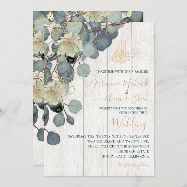 Invitación Boda de Oro Floral de Madera Rusa de Bismillah (Anverso / Reverso)