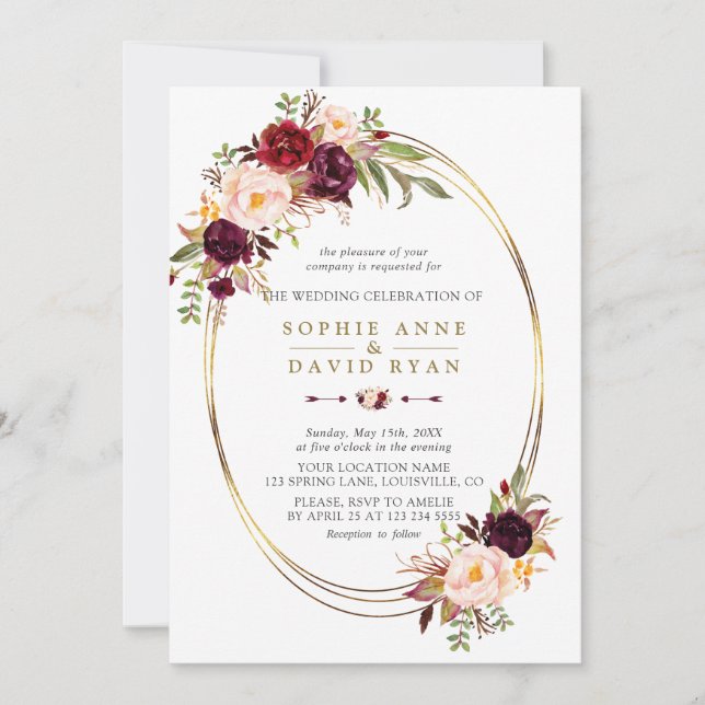 Invitación Boda de oro floral de Marsala rojo rojo negro otoñ (Anverso)
