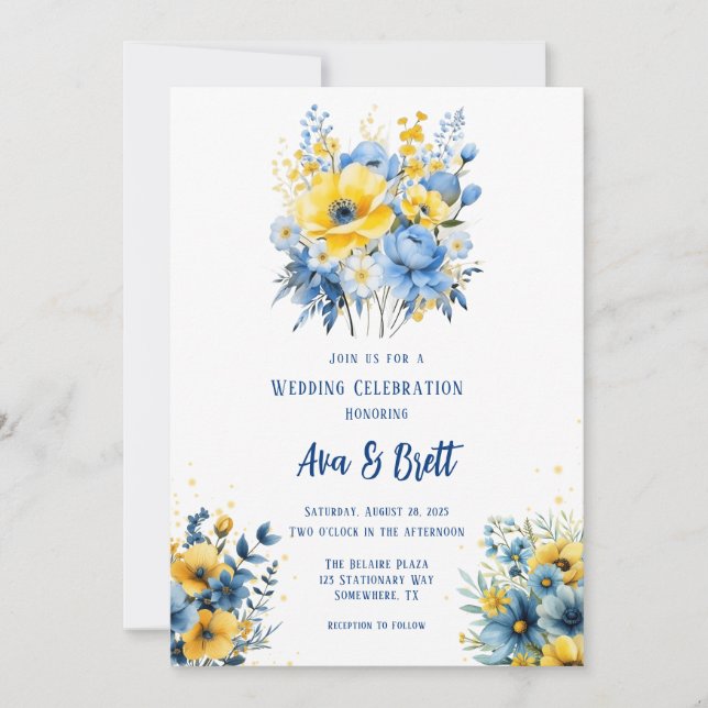Invitación Boda de oro floral pintado de amarillo azul marino (Anverso)