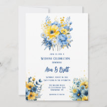 Boda de oro floral pintado de amarillo azul marino