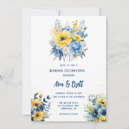 Invitación Boda de oro floral pintado de amarillo azul marino
