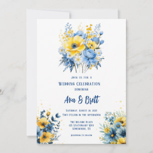 Invitación Boda de oro floral pintado de amarillo azul marino