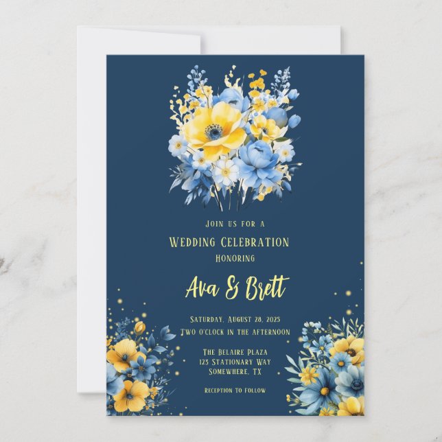 Invitación Boda de oro floral pintado de amarillo azul marino (Anverso)