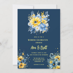 Invitación Boda de oro floral pintado de amarillo azul marino