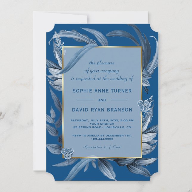 Invitación Boda de oro geométrico de las hojas azules clásica (Anverso)