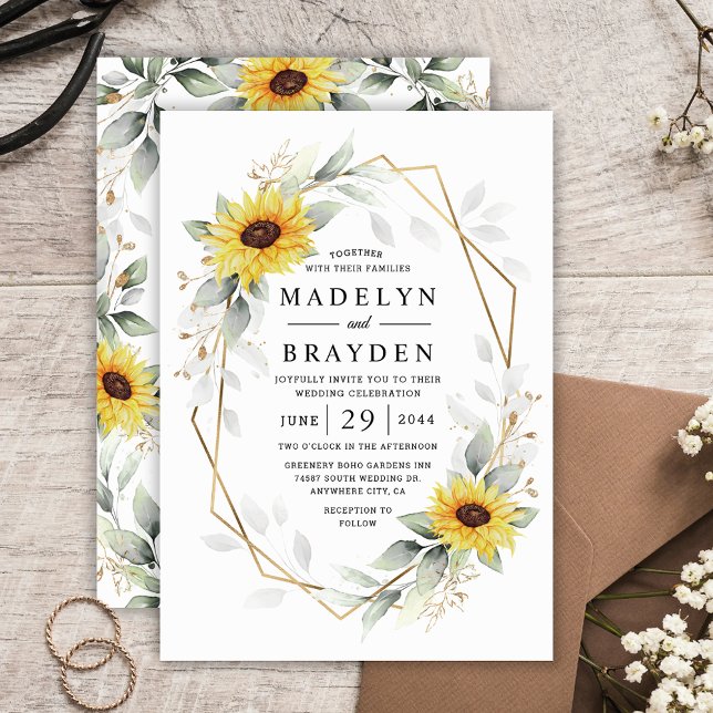 Invitación Boda de oro geométrico elegante de girasol (Subido por el creador)