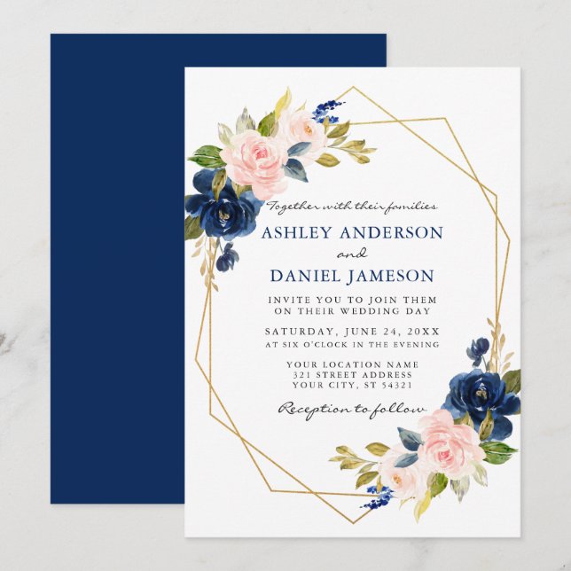 Invitación Boda de oro geométrico floral azul rosa clásico (Anverso / Reverso)