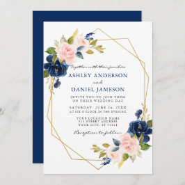 Invitación Boda de oro geométrico floral azul rosa clásico
