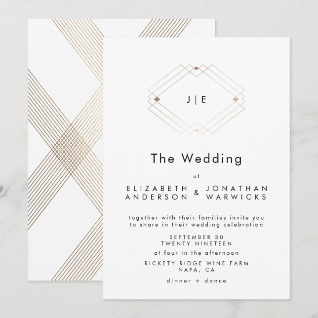 Invitación Boda de oro geométrico moderno de doble monograma (Anverso / Reverso)