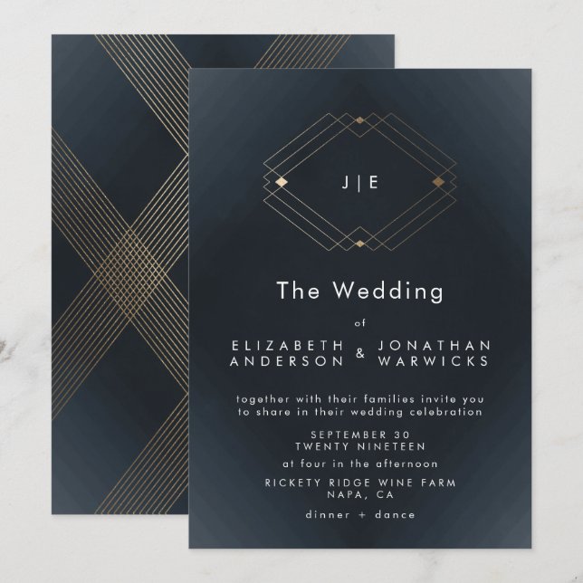 Invitación Boda de oro geométrico moderno de la marina simple (Anverso / Reverso)