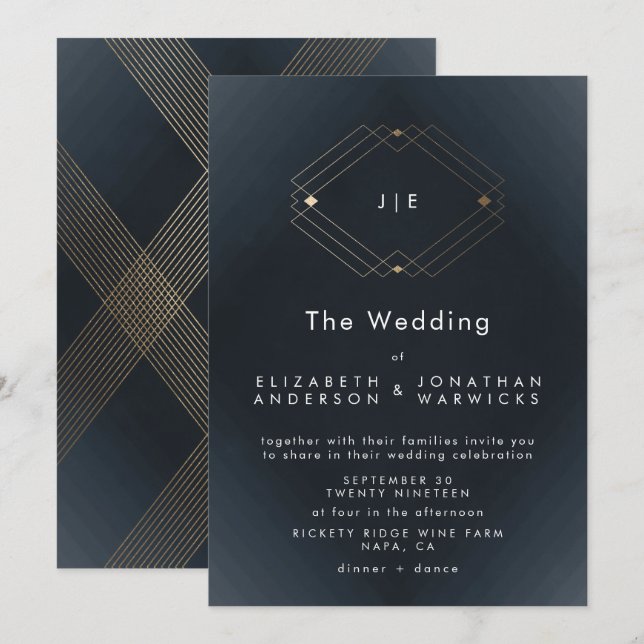 Invitación Boda de oro geométrico moderno de la marina simple (Anverso / Reverso)