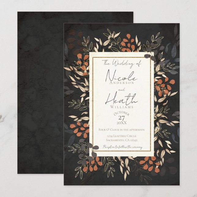 Invitación Boda de oro gris de hojas botánicas florales audas (Anverso / Reverso)
