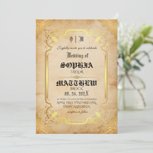 Invitación Boda de oro medieval personalizable (Anverso de pie)