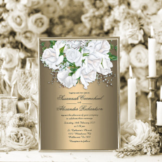 Invitación Boda de Oro Metálico y Rosas Blancas