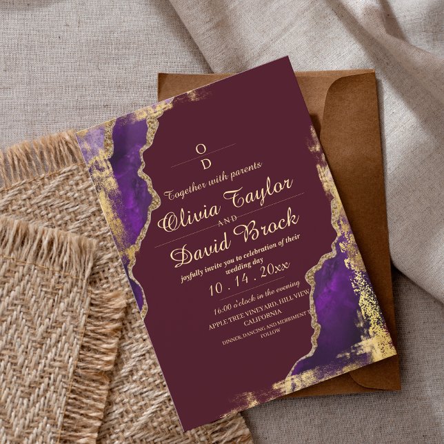 Invitación Boda de oro moderno en Borgoña y Morado (Subido por el creador)