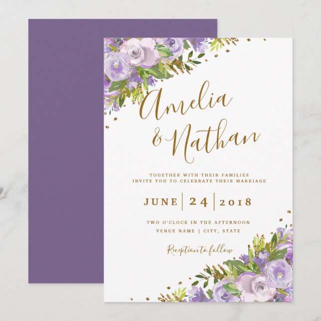 Invitación Boda de oro morado floral acuarela (Anverso / Reverso)