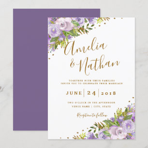 Invitación Boda de oro morado floral acuarela