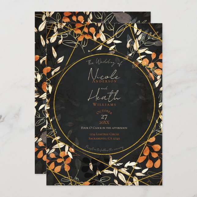 Invitación Boda de oro Naranja floral oscuro otoño audaz (Anverso / Reverso)