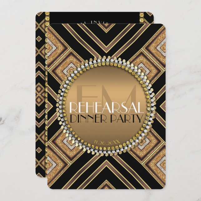 Invitación Boda de oro negro Art Deco Fiesta de cena (Anverso / Reverso)