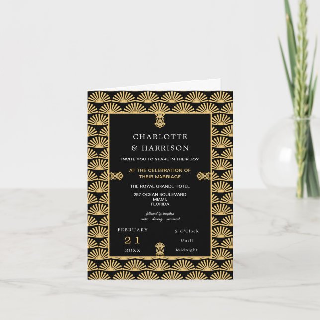 Invitación Boda de oro negro con clase Art Deco (Anverso)