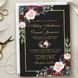 Invitación Boda de oro negro con floral azul borgoña