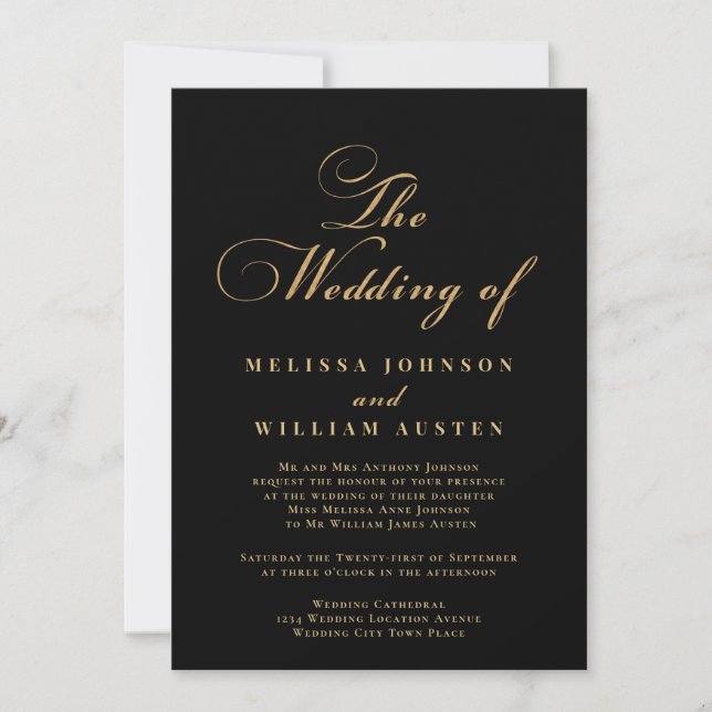 Invitación Boda de oro negro de guiones (Anverso)
