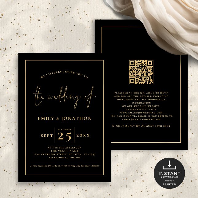 Invitación Boda de oro negro de la línea de guiones elegantes (Front and back view)