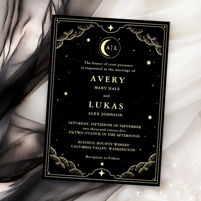 Invitación Boda de oro negro del Celestial Midnight Sky (Subido por el creador)