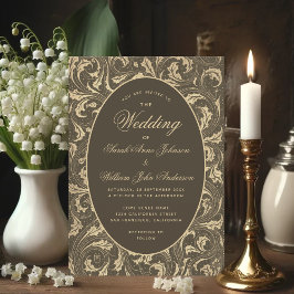 Invitación Boda de Oro Negro Hojas de Cardo Vintage Elegantes