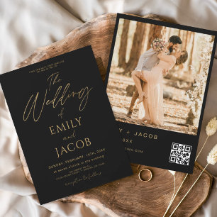 Invitación Boda de oro negro QR Código de escritura fotográfi