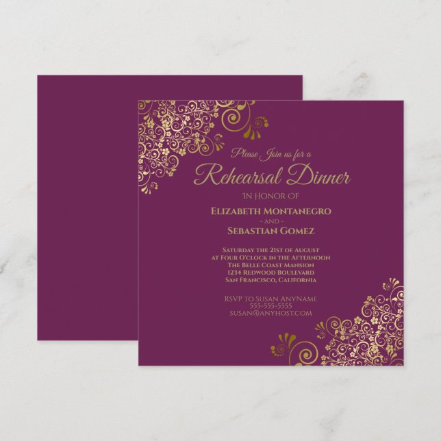 Invitación Boda de oro púrpura de Cassis Plaza de cena (Anverso / Reverso)