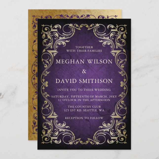 Invitación Boda de oro púrpura rustico elegante ornamental (Anverso / Reverso)