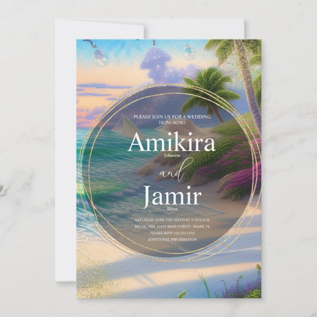 Invitación Boda de oro Purpurina de fondo de playa moderna (Anverso)