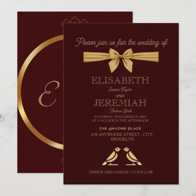 Invitación boda de oro rojo de lujo clásico elegante (Anverso / Reverso)