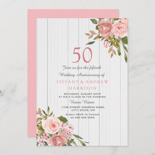 Invitación Boda de oro rosa blanco 50 aniversario de bodas (Anverso / Reverso)