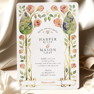 Invitación Boda de oro rosa con vidrieras Art Nouveau
