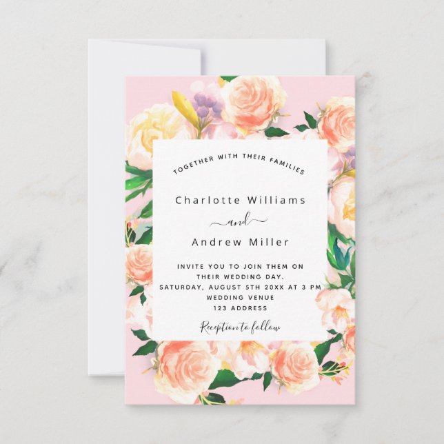 Invitación Boda de oro rosa de floros rosados (Anverso)