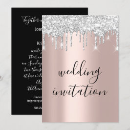 Invitación Boda de oro Rosa de goteo gris de color blanco neg