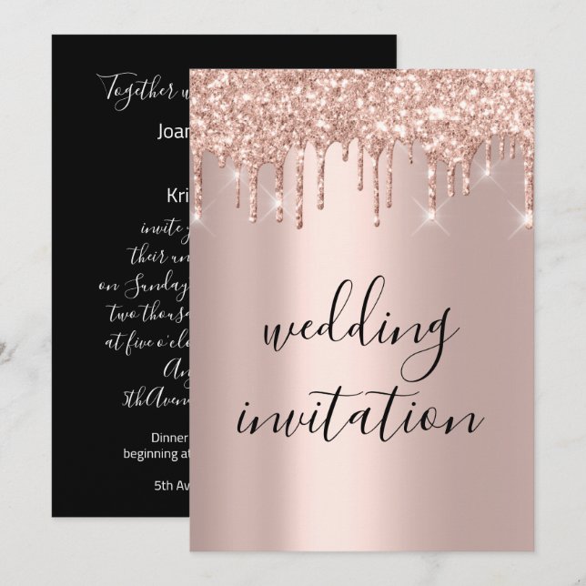 Invitación Boda de oro Rosa de las gotas blancas negras (Anverso / Reverso)