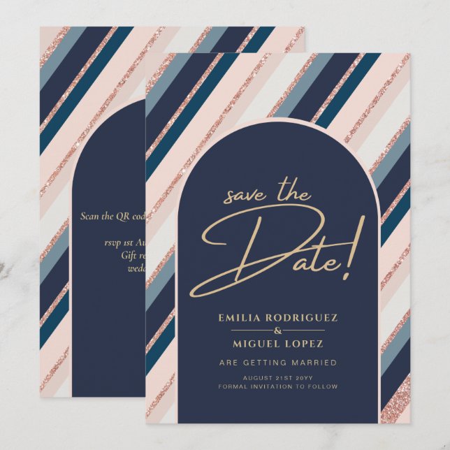 Invitación Boda de oro rosa rosa azul de la marina lunar Rubo (Anverso / Reverso)