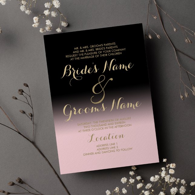 Invitación Boda de oro rosa rosa negro gradiente moderno (Modern gradient black blush pink gold Wedding)
